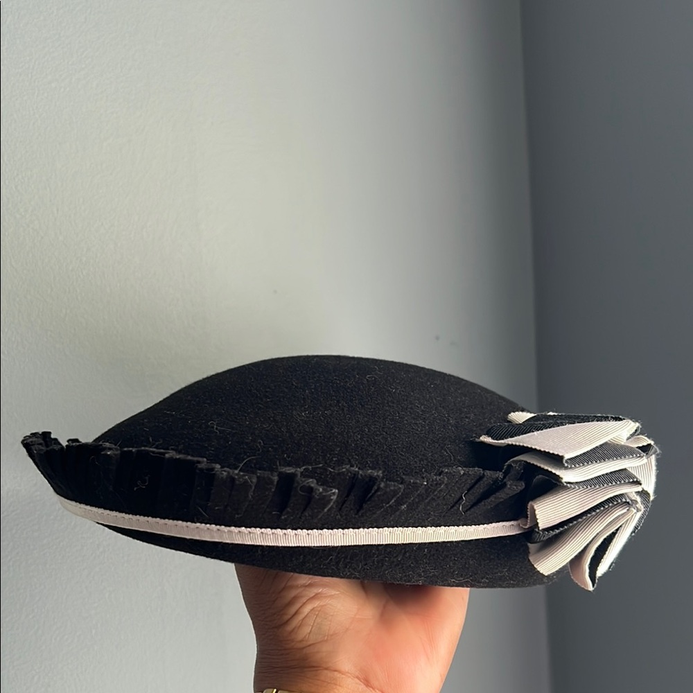Adolfo II | Black Pillbox Vintage Wool Hat with White Trim and Bow